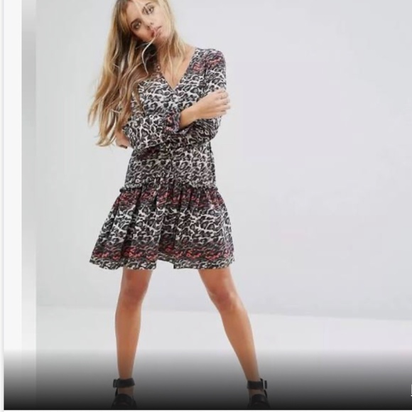 All Saints Dresses & Skirts - All Saints Alia Juba 100% Silk Peasant Leopard Print Mini Dress Size L